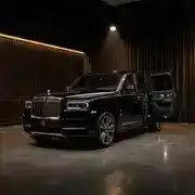 Rolls-Royce Cullinan in Black Diamond, V12 twin-turbo producing 563 HP, 0-60 in 5.0 seconds, rental price $1,800/day